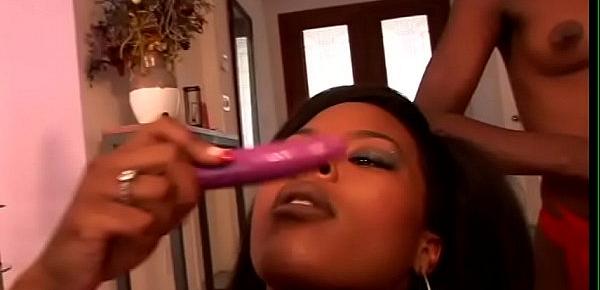  Black and white slut lesbians have amazing group sex with strapons and toys